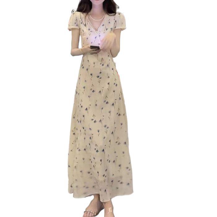 Women's French Style Floral Lace V-Neck Maxi Dress: Summer Waist-Cinching Slim A-Line Design