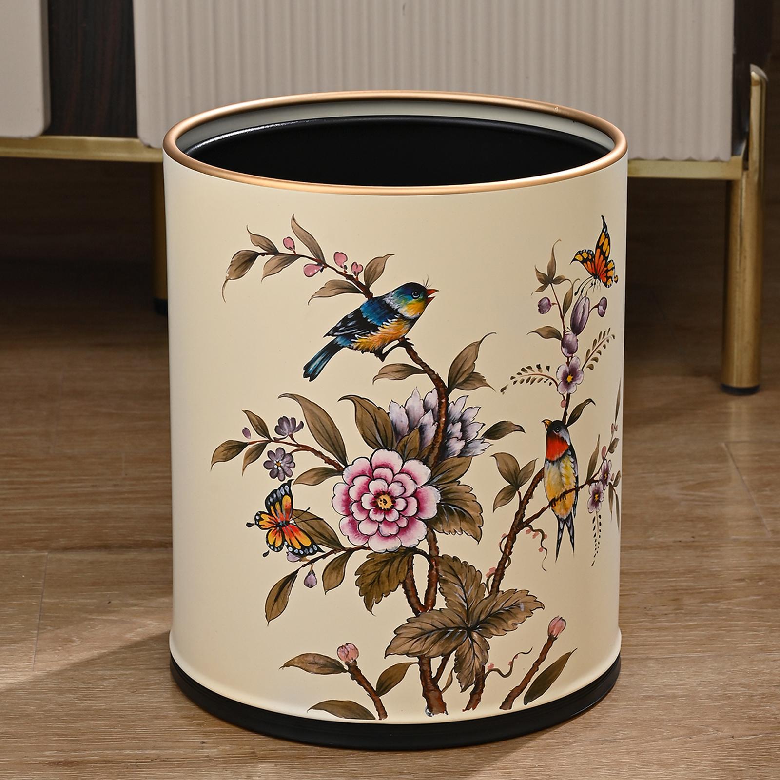 Retro Flower Bird Trash Can Double Layer Iron Paint Process Wastebasket Living Room Bedroom Kitchen Bathroom Trash Can Gifts  12L бежевый
