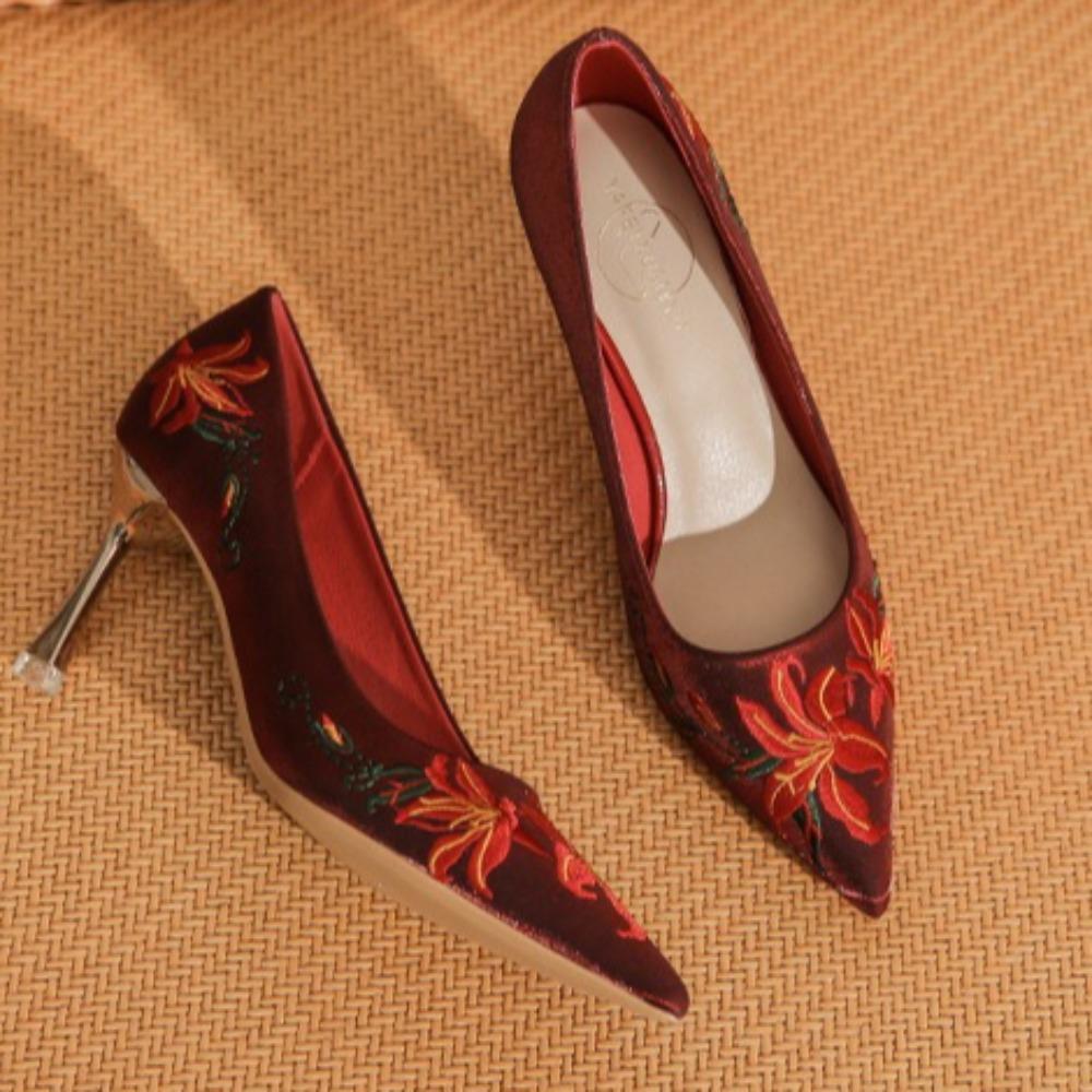 High Heels Women's Summer Satin Surface Light Mouth High Heel Single Shoes New Stiletto Embroidered Wedding Shoes Pumps Women