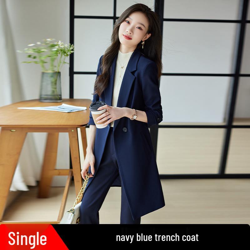 

Женское темно-синее толстое хлопковое пальто-тренч средней длины - Осень/Зима Гостиничная рабочая одежда Формальный костюмный набор Unpadded Dark Blue Trench Coat Only