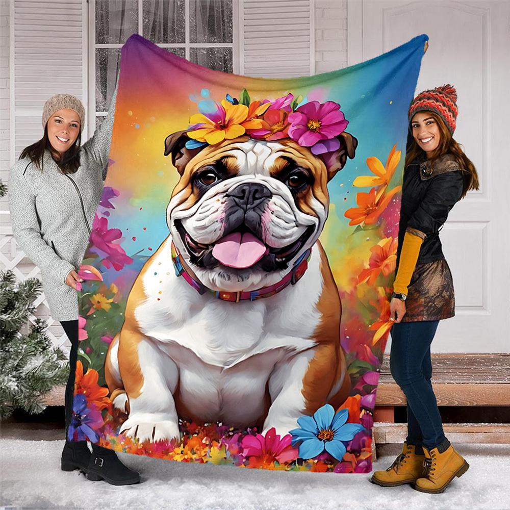 1pc Bulldog Floral Crown Outdoor Soft Polyester Flannel Throw Blanket Versatile for All Seasons , Soft , Cozy , Warm All Season Quilted Throw ,