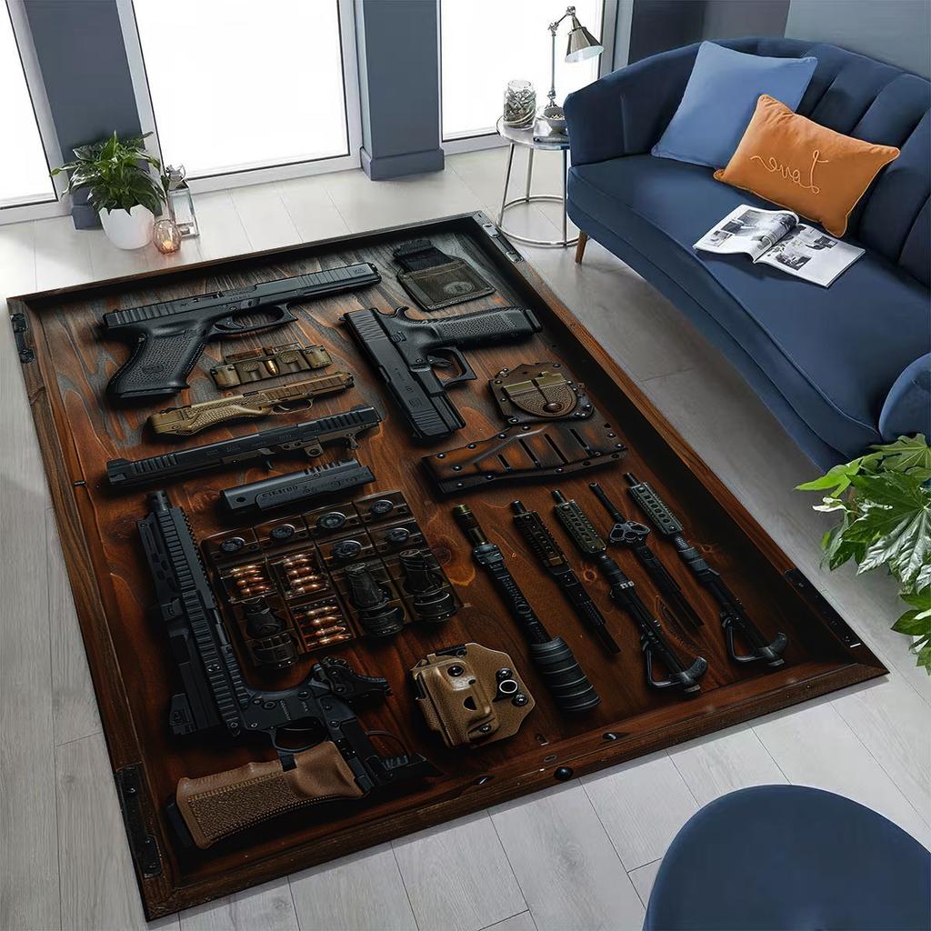 Holz Metall Waffenkoffer Boxx Militärausrüstung Moto Teppich für Schlafzimmer Wohnzimmer Sofa Zuhause Fußmatte Dekor, Kinder Spiel Rutschfeste Bodenmatte