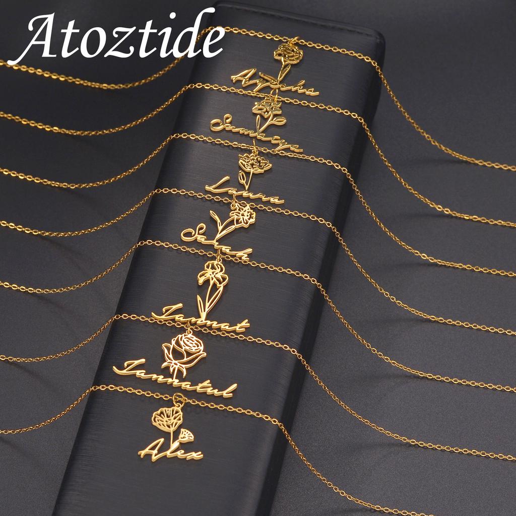 Atoztide Custom Name Necklace for Women Personalized Birth Month Flowers Stainless Steel Jewelry Choker Chain Birthday Gifts