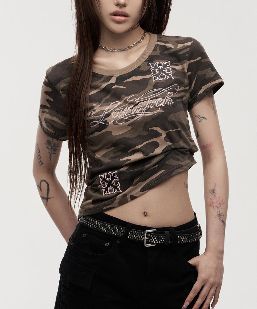 LANARCHIVE [0143] Camo Chain Embroidery Women'S Short Sleeve T-Shirt - Camo