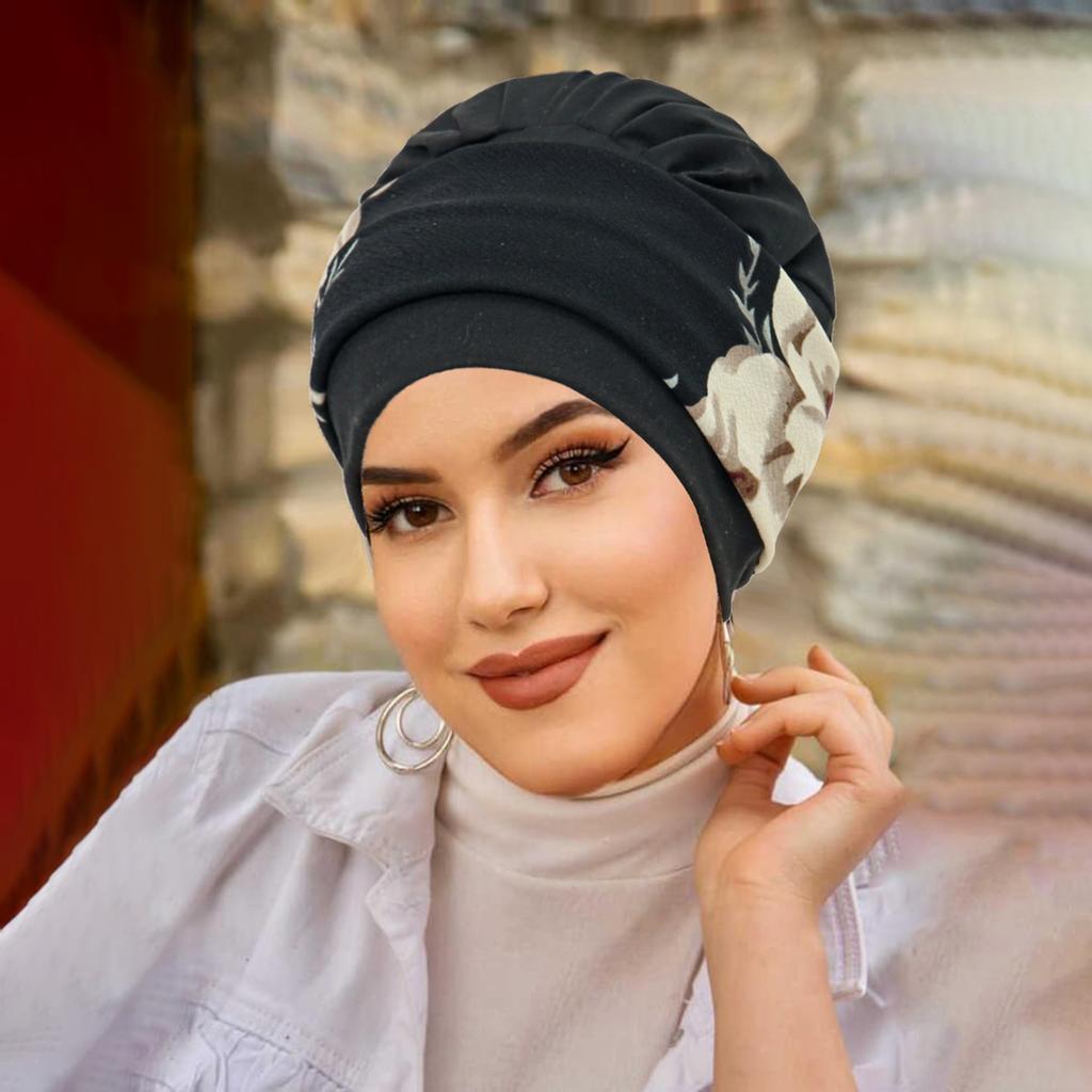 New Muslim Women Soft Strech Turban Hats Pre Tied Headscarf Print Flower Hijabs Bandana Chemo Beanies Caps Cover