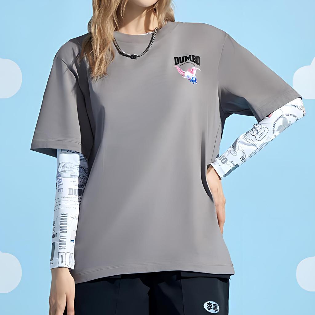 Li Ning X Disney Collaboration Dumbo Series Cartoon Print Loose Round Neck Short Sleeve T-Shirt Women Tops Frost-Gray AHSRA70-2