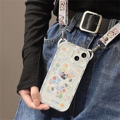 Korėja Mielas Gėlės Meškos Ausų Kryžminio Kūno Virvelė Telefono Dėklas iPhone 17 16 15 14 13 12 11 Pro XS Max X XR 7 8 Plus Dirželis Smūgiams Atsparus Minkštas Viršelis