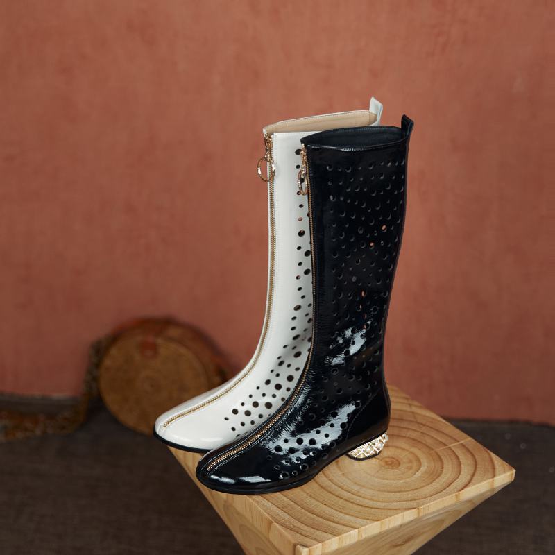 Krazing Pot – bottes d'été à bout rond en microfibre, décorations creuses à la mode, bottes d'été, cuissardes hautes