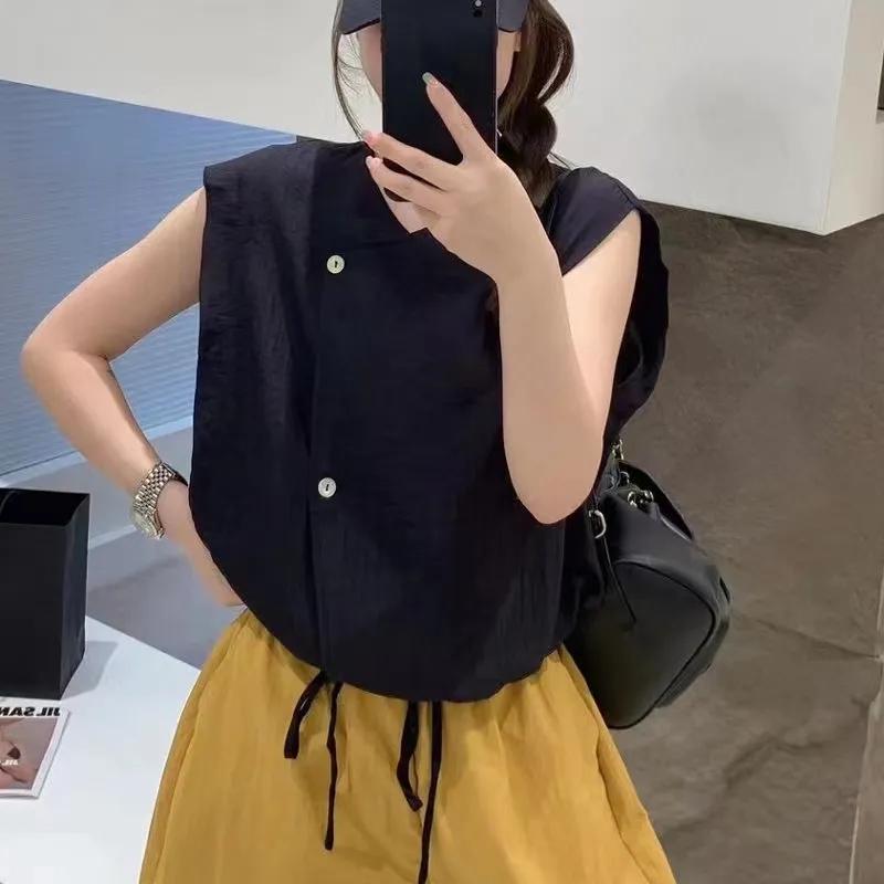 Women's Brown Asymmetric Button Drawstring Waist Sleeveless Top