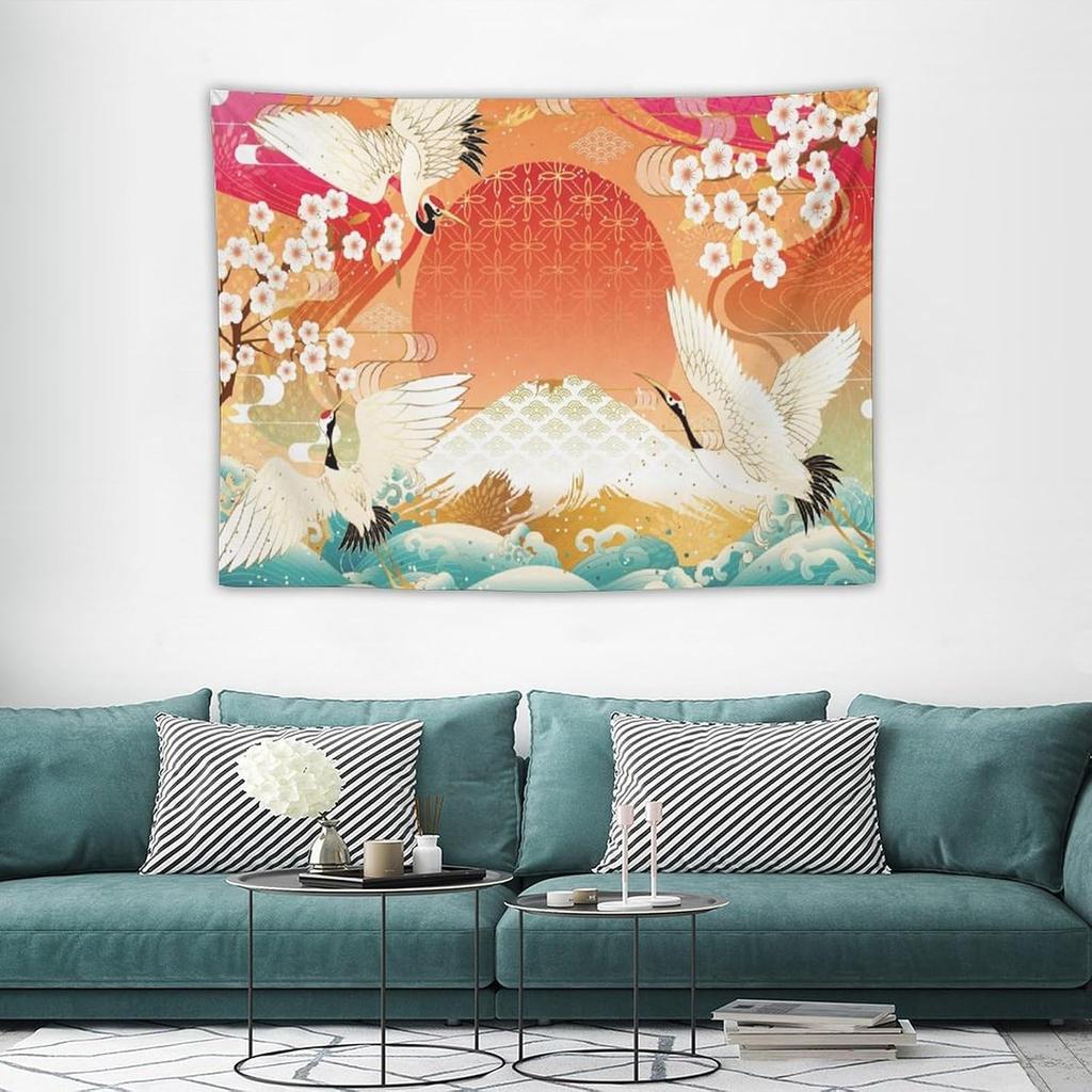 Japanese Tapestry Cherry Blossom Crane Sea Wave Fuji Mountain Red Sun Pattern Printed Wall Tapestry Painting Wall Hanging for