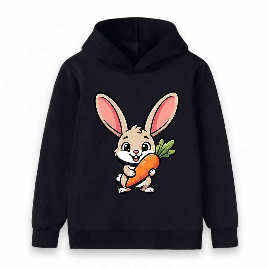 Cute Cartoon Bunny With Carrot Print Kids Hoodie, Casual Long Sleeve Pullover Sweatshirt For Boys Girls, Soft Warm Lightweight Daily Wear