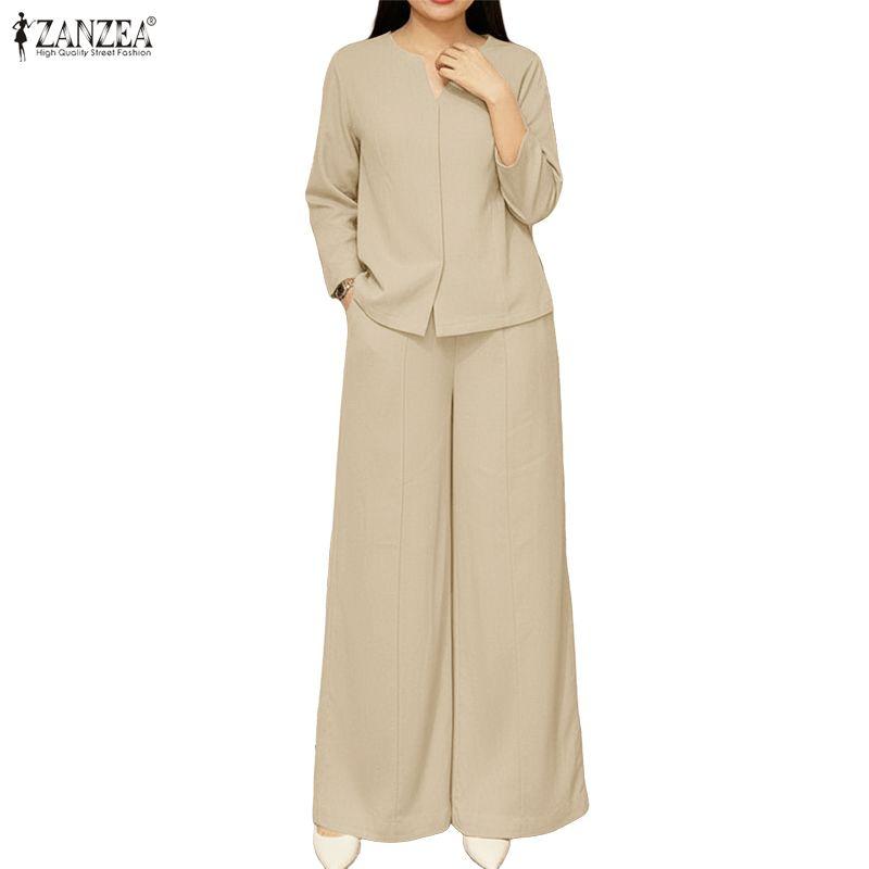 ZANZEA Women Casual Long Sleeve Blouse and Pants Two Piece Suit Sets