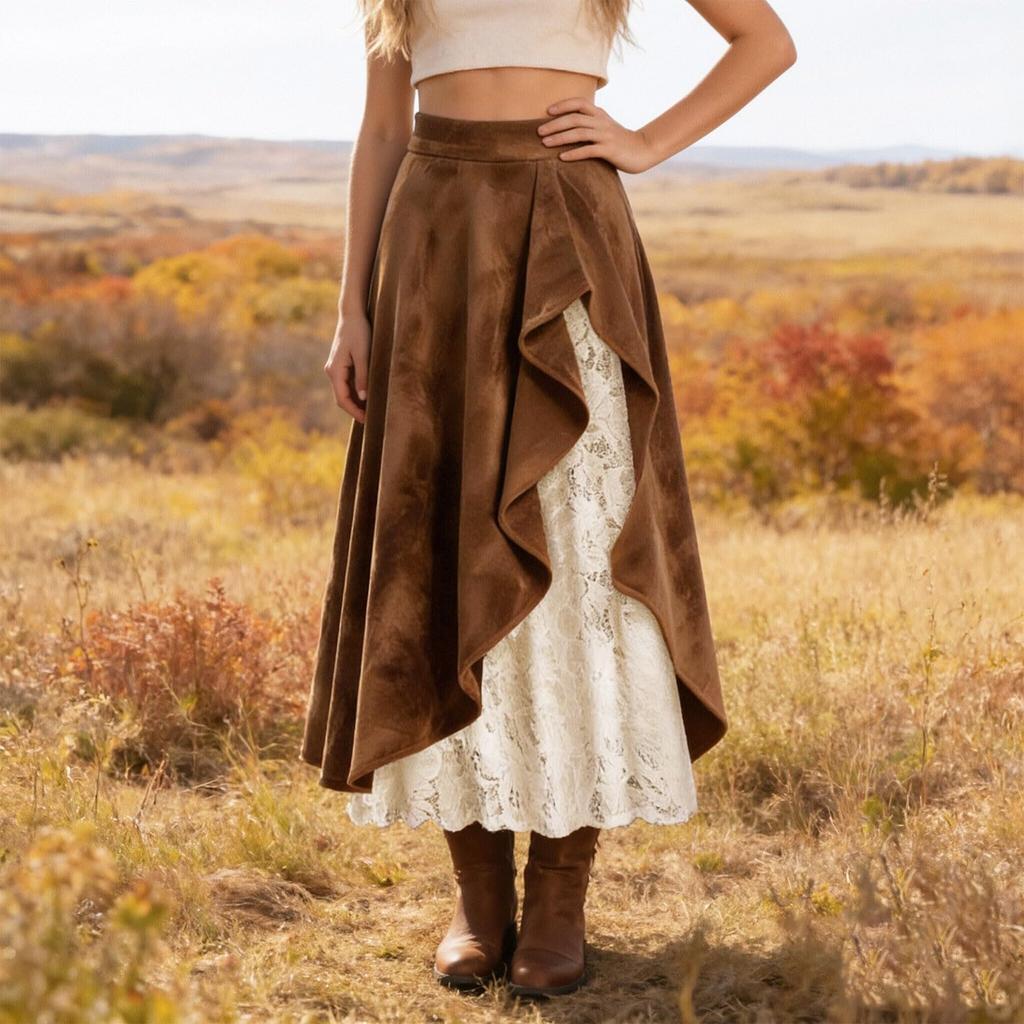Ladies' Retro Western Suede Lace Patchwork Skirt