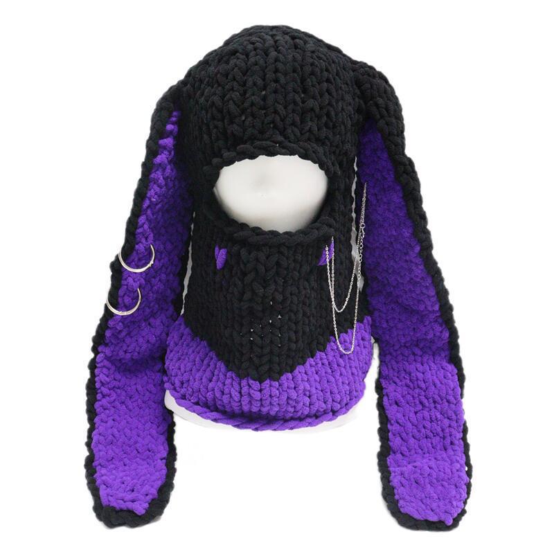 New Hand-Knitted Velvet Rabbit Ear Hat with Devil Horns - Warm, Thick, Sweet, and Stylish Spicy Girl Face Mask