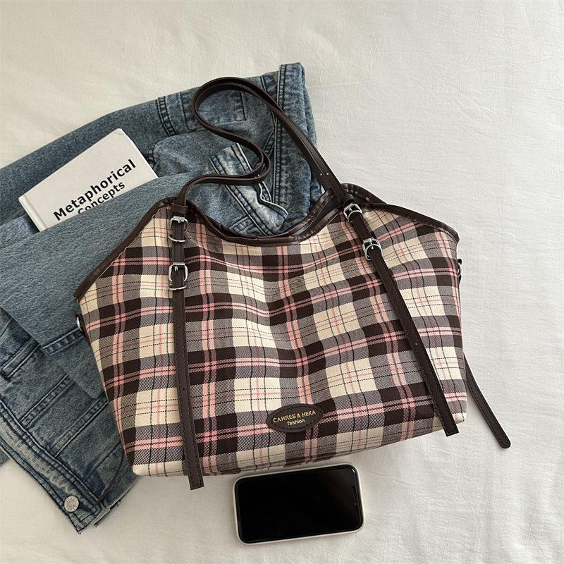 Korean Version of Fashionable Retro Plaid Canvas Tote Bag Women's 2025 Autumn and Winter New Popular Casual and Lightweight Shoulder Bag