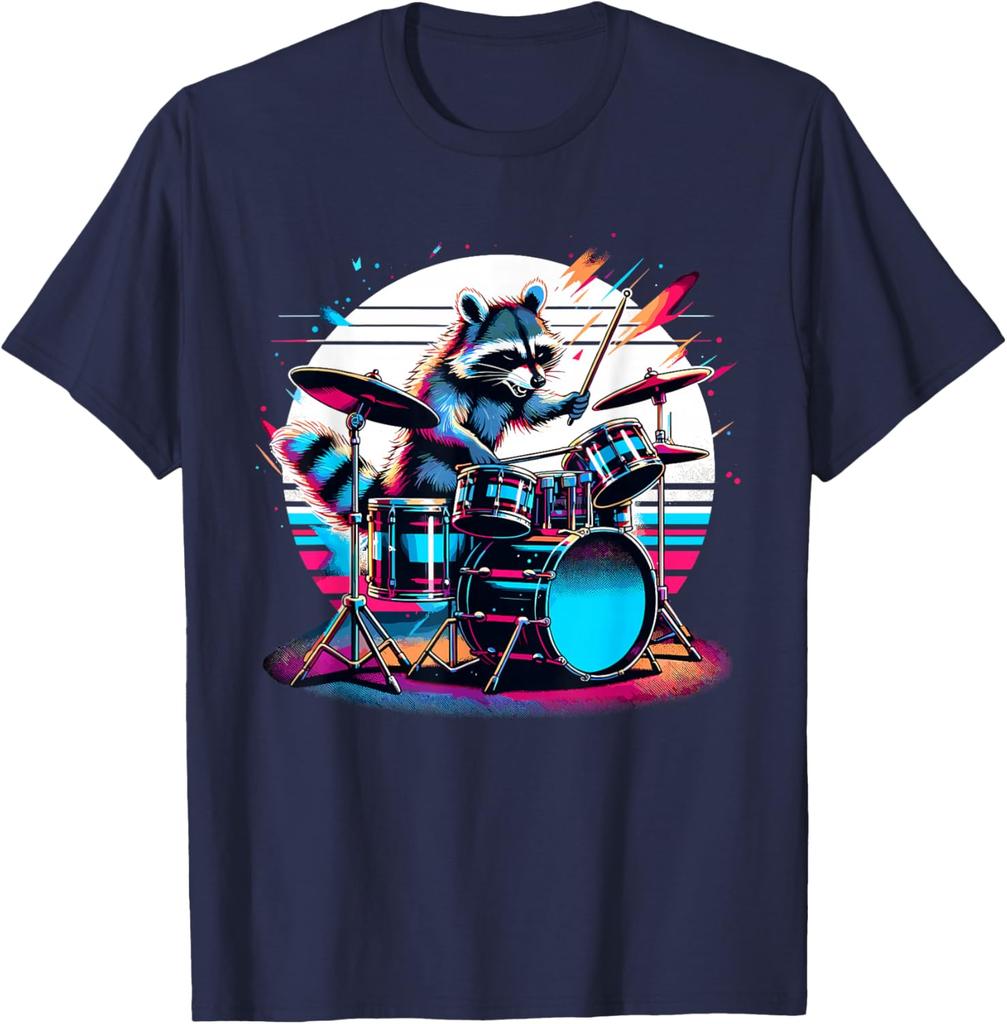 Raccoon Drummer Musician Retro Graphic TShirt Breathable Casual Cotton Tee