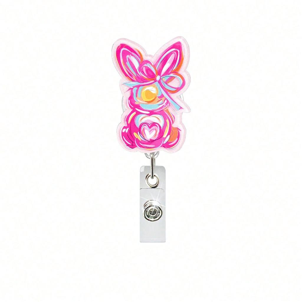 1pc Bunny Egg Bow Retractable Badge Reel, Swivel ID Card Holder Clip For Doctor, Nurse, Office Worker, Party