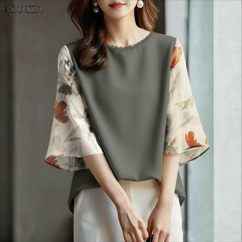 ZANZEA Women Casual Round Neck Splice 3/4 Sleeve Loose Blouse