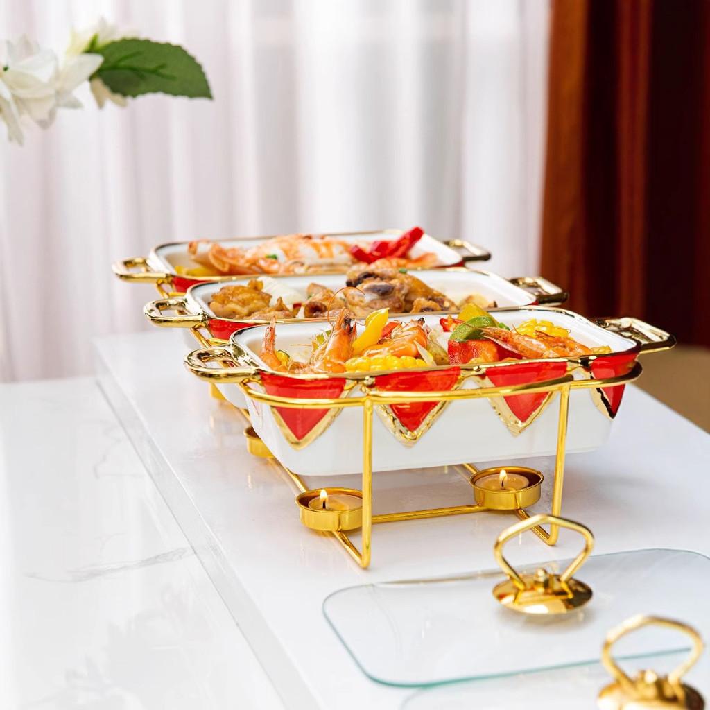 Three-grid Rectangular Ceramic Plate Soup Pot Metal Shelf Hotel Restaurant Hand-Colored Soup Pot Dry Pot Tableware Set
