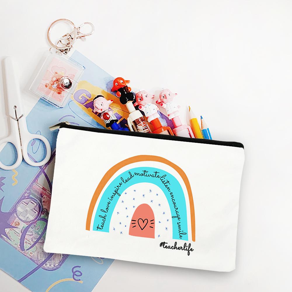 Blessed Teacher Life Leopard Makeup Bags Student White Pencil Pouch Teacher Shopping Handbag Storage Bag Teachers' Day Best Gift