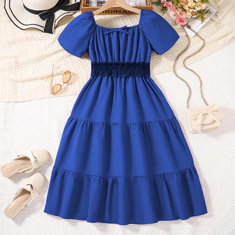 Retro-Prinzessinnenkleid für Mädchen: Sommer 2025 Spitzen-Patchwork Kurzarm Europäisch-Amerikanischer Stil 140cm = 9Y blau