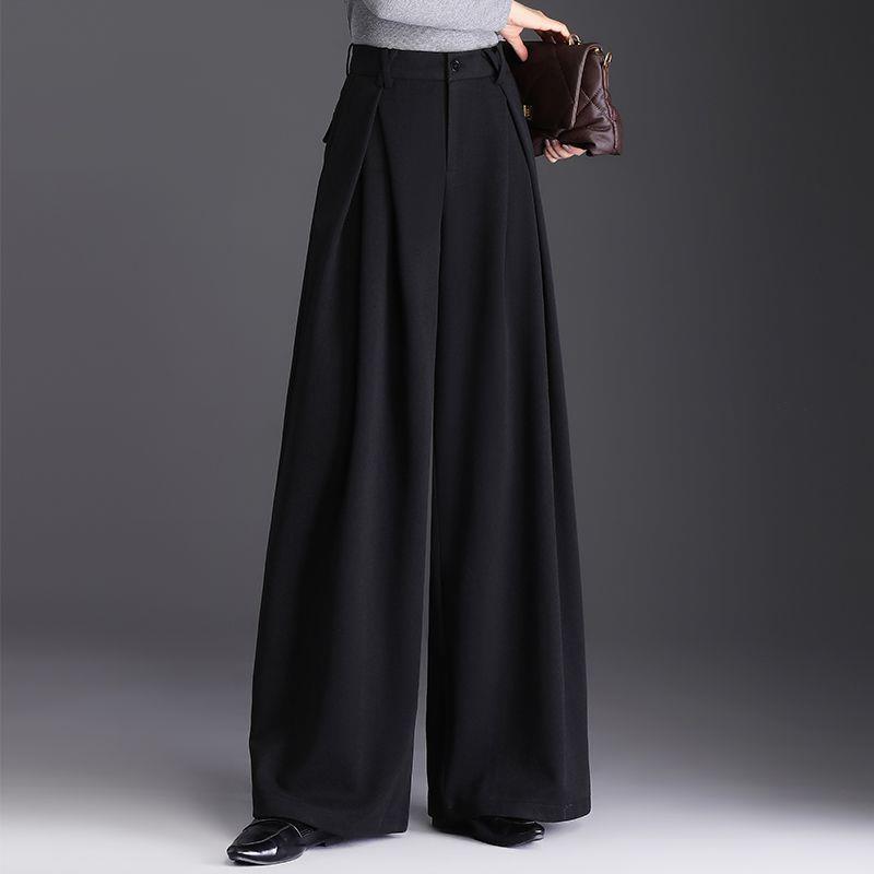 Women's High-Waist Woolen Wide-Leg Winter Pants with Pockets – Slimming, Non-Iron, Casual, Thickened Design for Mothers
