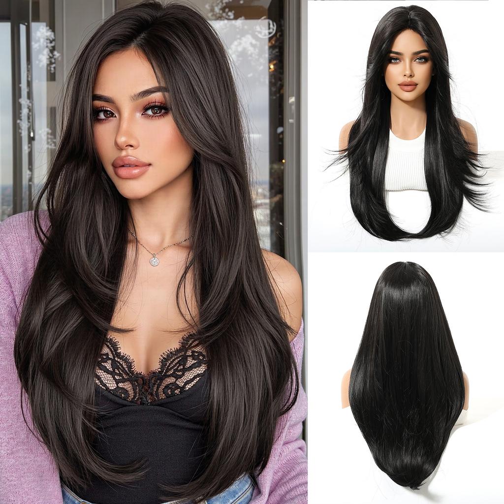 Zwarte Highlights Roze Synthetische Pruik met Pony Lange Rechte Zwarte Highlights Rode Pruik Voor Vrouwen Cosplay Feest Kerstpruik 26inch