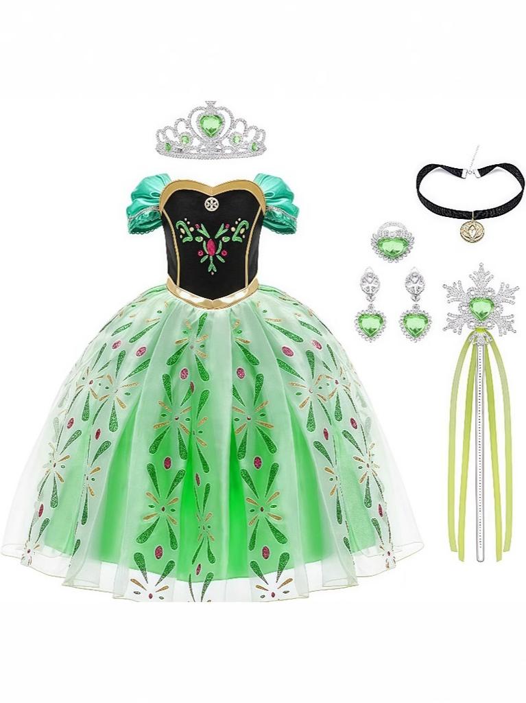 Frozen Anna Princess Dress for Girls, Kids Medieval Party Costume, Double Layer Tulle Formal Gown, Green