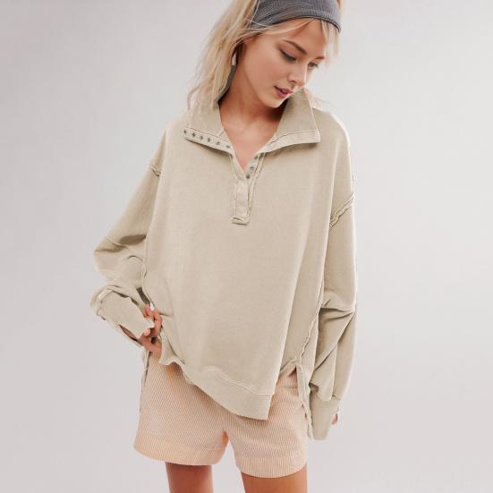 Fall Spring Women Sweatshirt Loose Turn-down Collar Lantern Sleeves Loose Solid Color Side