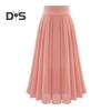 Women Skirt High Waist Pleated Loose Solid Color Elastic Waist Soft Double layered Mid calf Length Lady Prom Party Daily Midi Skirt