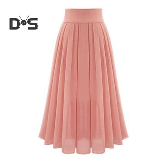 Women Skirt High Waist Pleated Loose Solid Color Elastic Waist Soft Double Layered Mid Calf Length Lady Prom Party Daily Midi Skirt