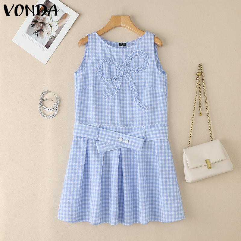 

VONDA Женское платье-майка с круглым вырезом, бантом и плиссировкой в клетку в стиле кэжуал 5XL синий