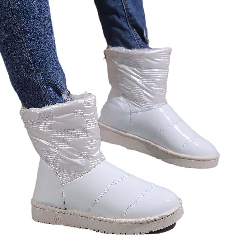 Hiver bout rond noir talon plat tige moyenne chaussures imperméables moulées par injection tube bas laine artificielle décontracté chaussures en coton