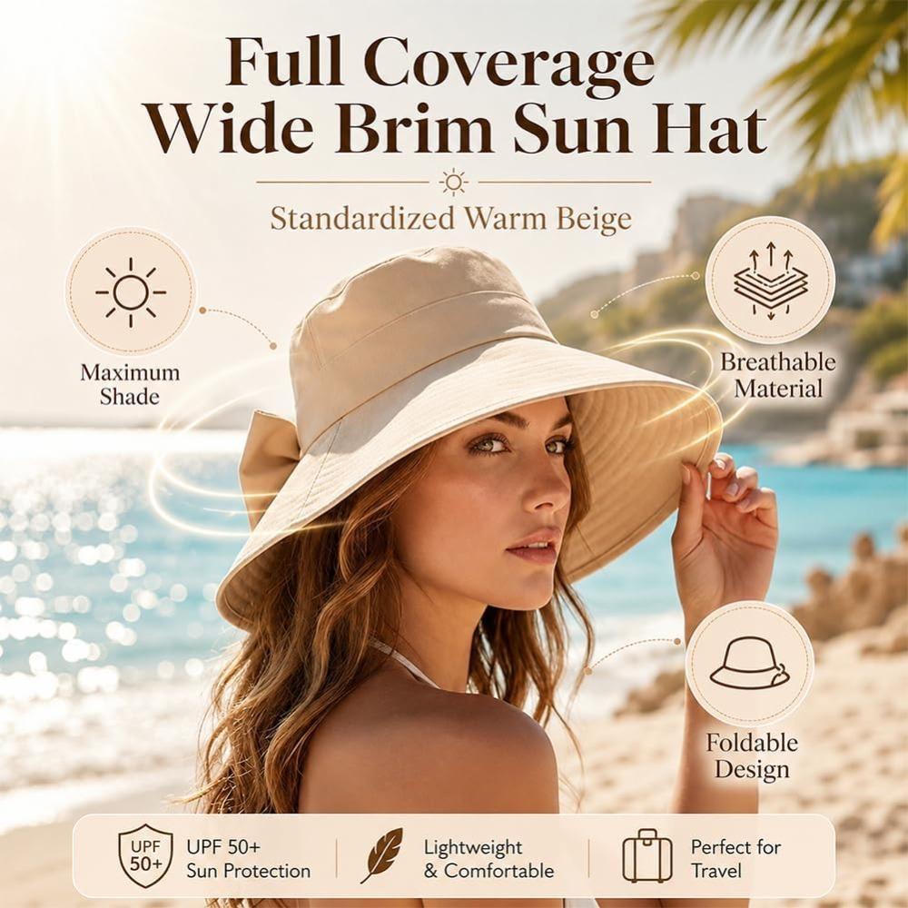 Bowknot Wide Brim Sun Protective Hat, Foldable, 360° Protection Uv Protection Breathable Summer Travel Beach Hat