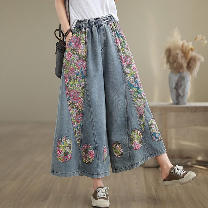 Femei talie înaltă pantaloni largi din denim pantaloni femei stil vintage patchwork floral imprimare blugi casual largi femei