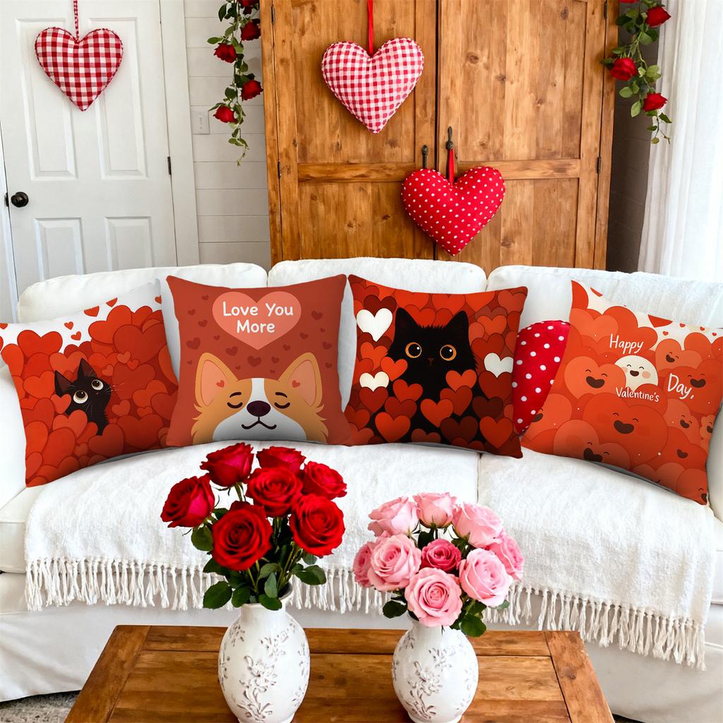 4pcs Valentine'S Day Throw Pillow Covers | Love You More Puppy Kitten Heart Designs, Zip Closure, Polyester