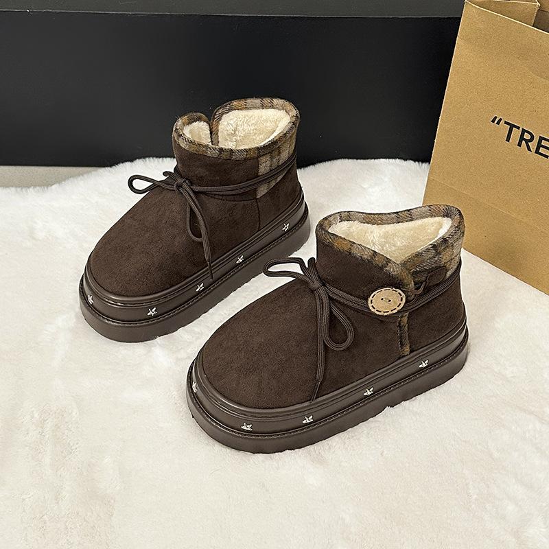 Women's Lace-up Fashion Lightweight Height-enhancing Thick Sole Winter Warm Fur One Snow Boots Plush Lined Non-slip Casual Sports Cotton Boots