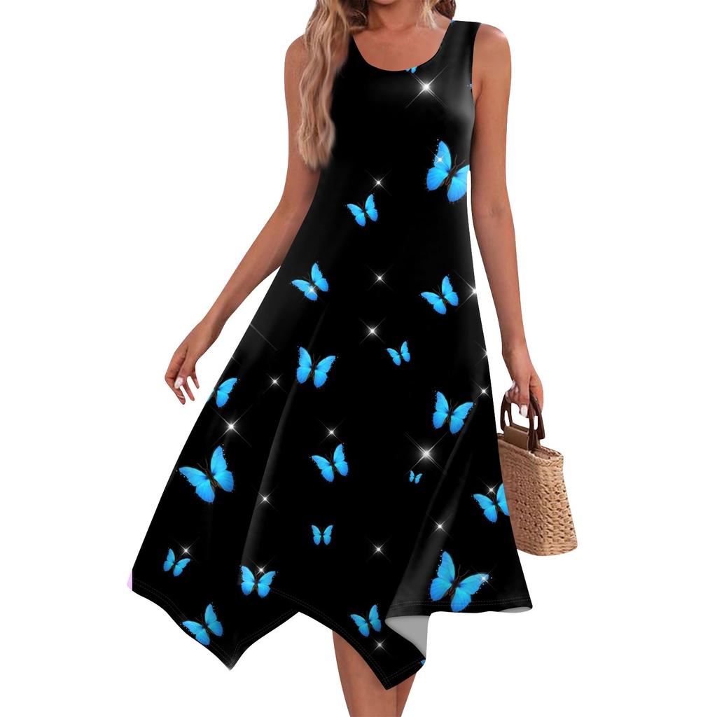 Lässiges, modisches Damen-Midikleid mit Rundhalsausschnitt, ärmellosem Aufdruck und unregelmäßigem Saum