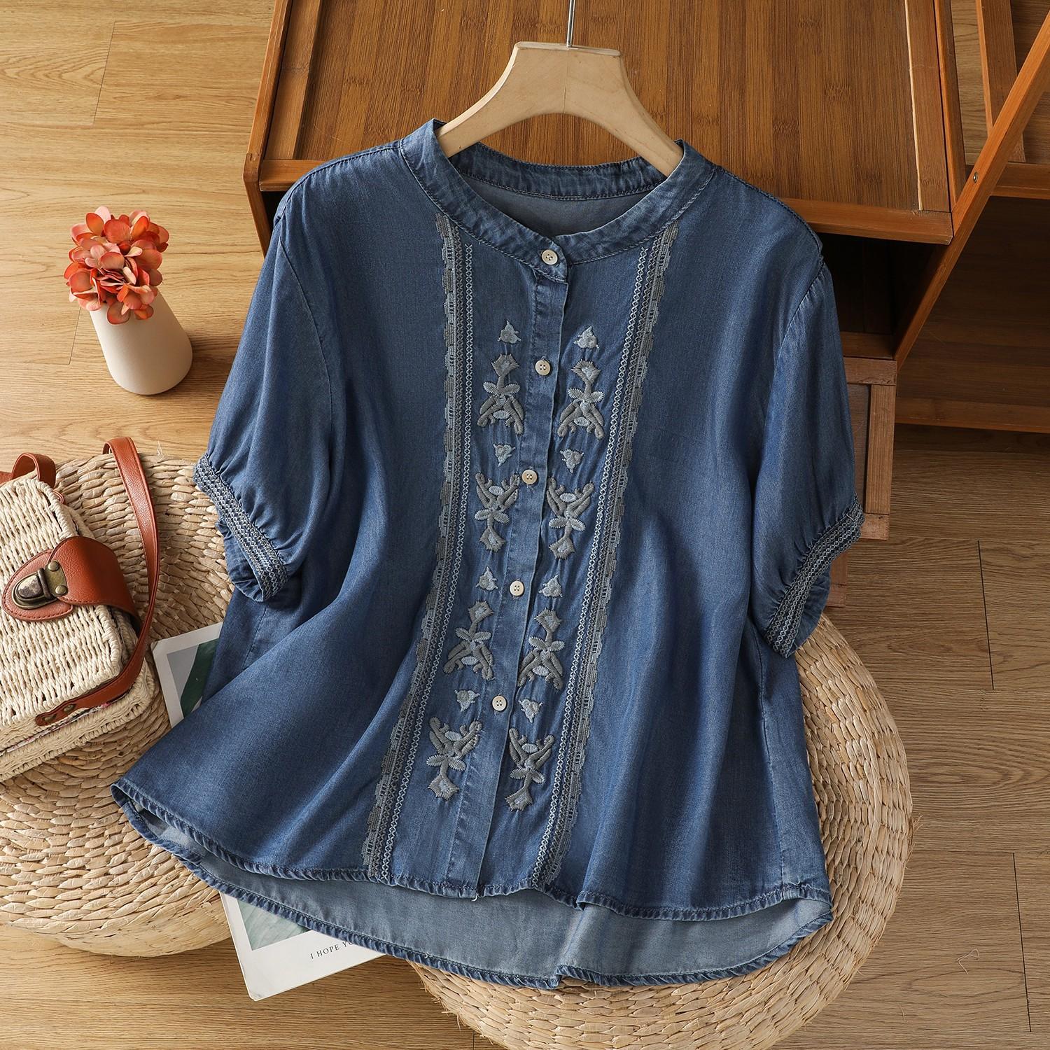 

2025 лето новая рубашка из денима Tencel с круглым вырезом и короткими рукавами женская ретро драпировка тонкий вышитый кардиган топ 2XL