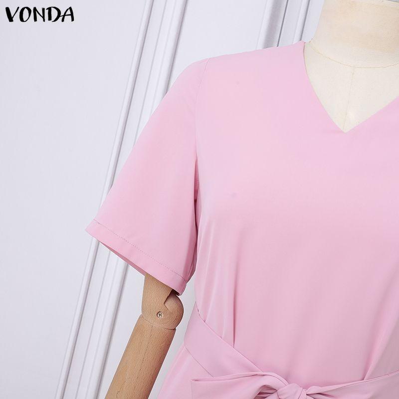 VONDA Summer Women Short Sleeve V Neck Solid Bandage Casual Long Maix Dress