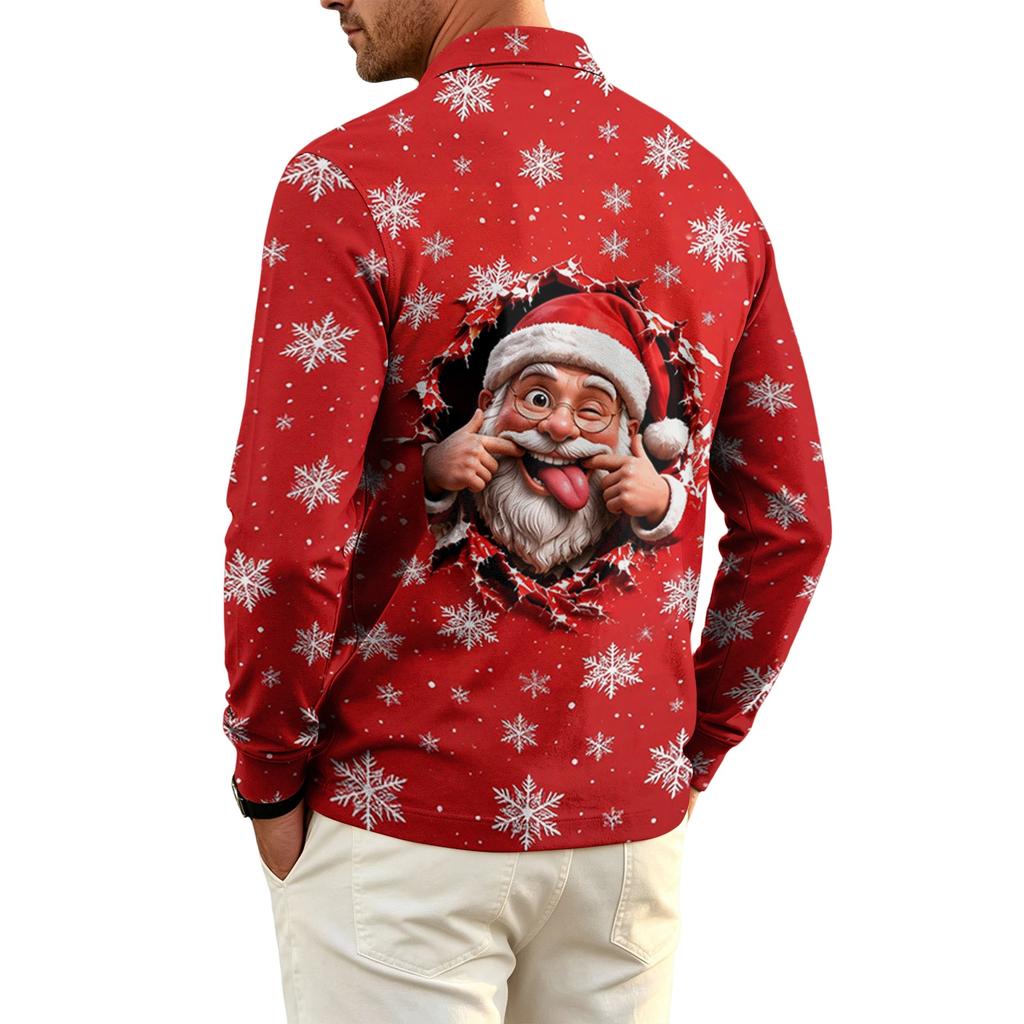 Men's Long Sleeve Golf Shirt Quick-Dry Mesh Casual Top with Christmas Print for Holiday Wear