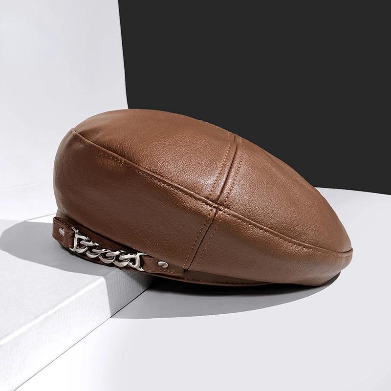 2025 New Women Pu Leather Winter Hat Chain Barette Hat Painter Berets Caps for Ladies Girls Hats Trendy Hat Elegant Beret