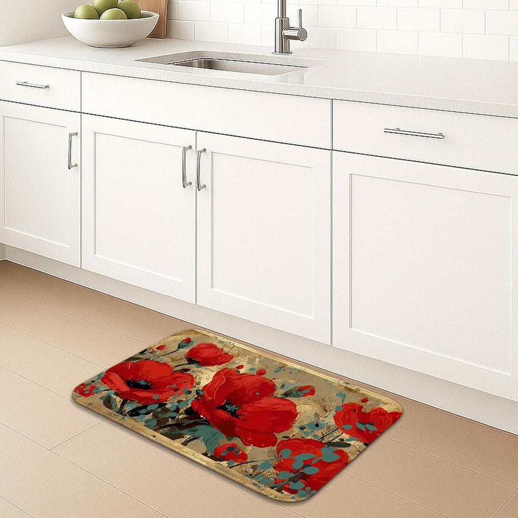 Red Poppy Flower Kitchen Mat Non Slip Soft Anti Fatigue Floor Rug Vintage Floral Decor for Home 16x24 Inch