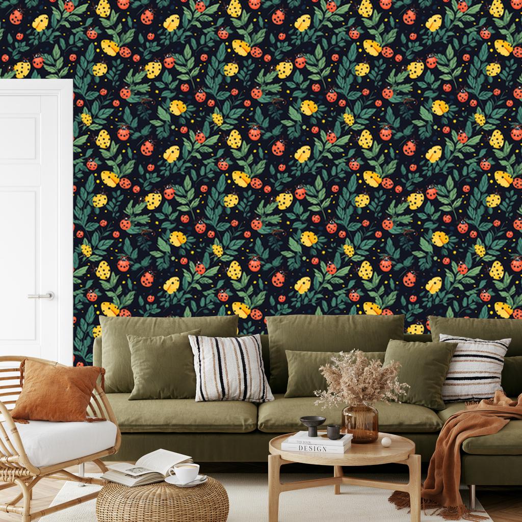 Ladybugs Navy Blue and Sea Blue Wallpaper for Living Room and Bedroom 50x1000