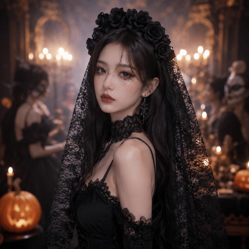 Gothic Ghost Bride Headband Lace Mesh Halloween Rose Headband Carnival Party