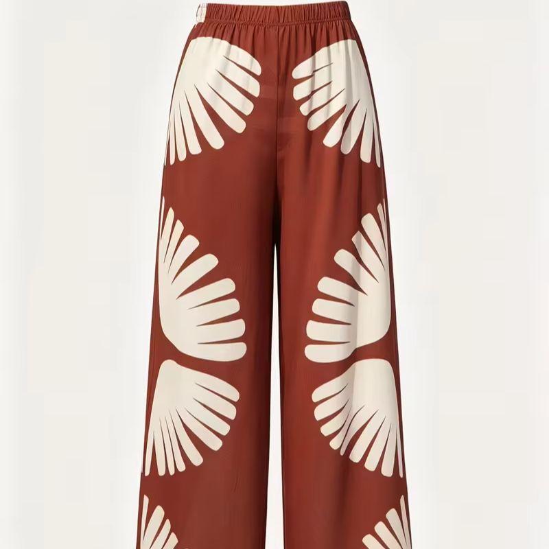 Women's Summer Versatile High-waisted Elastic Waist Printed Wide-leg Beach Pants, Lightweight and Sheer Casual Pants