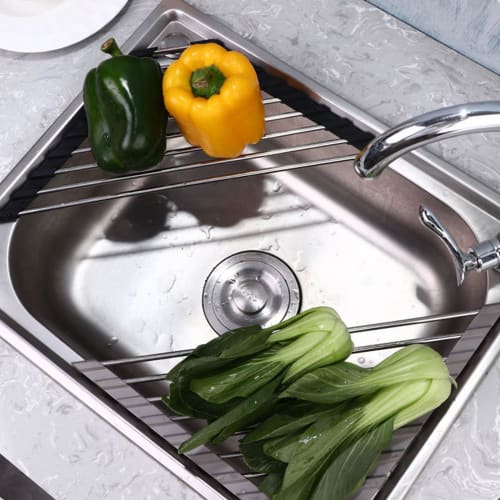 HAKONA Over-the-Sink Dish Drainer, Stainless Steel, Kitchen Dish Drainer, Silicone Triangular Corner Dish Drainer, Foldable Dish Drainer, Dish Storage