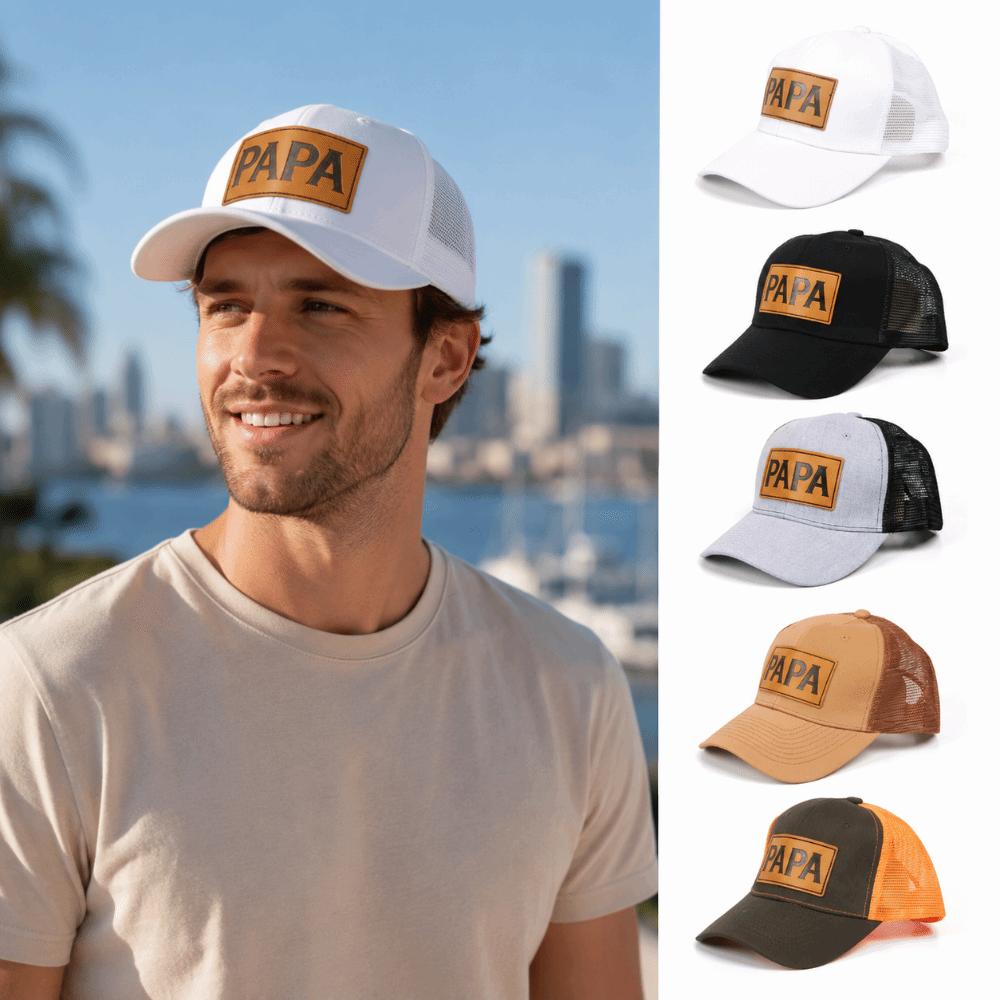 Curved Brim Mesh Trucker Hat PAPA Leather Label Casual Dad Hat Retro Trucker Cap  For Men