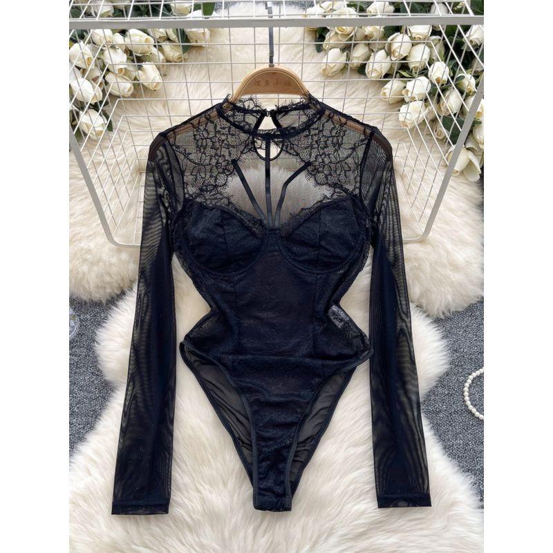Fashion Ins Long Sleeve Jumpsuit Female Pure Desire Sexy Hollow-out Halter Thin Lace Silm Inner Bottoming Top