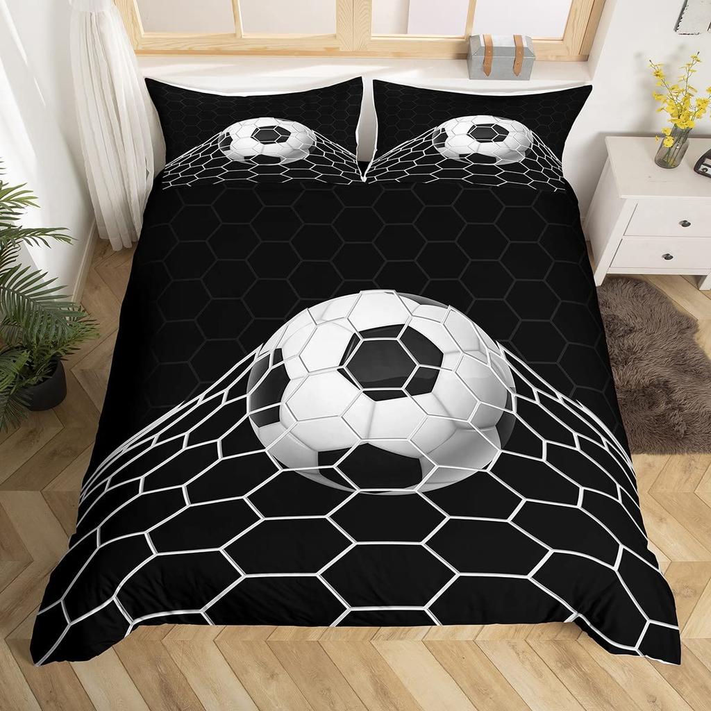 Cartoon Soccer Duvet Cover Set Printed Football Bedding Sets For Kids Boys Girls Bedroom Decor Sports Theme Comforter Cover Set